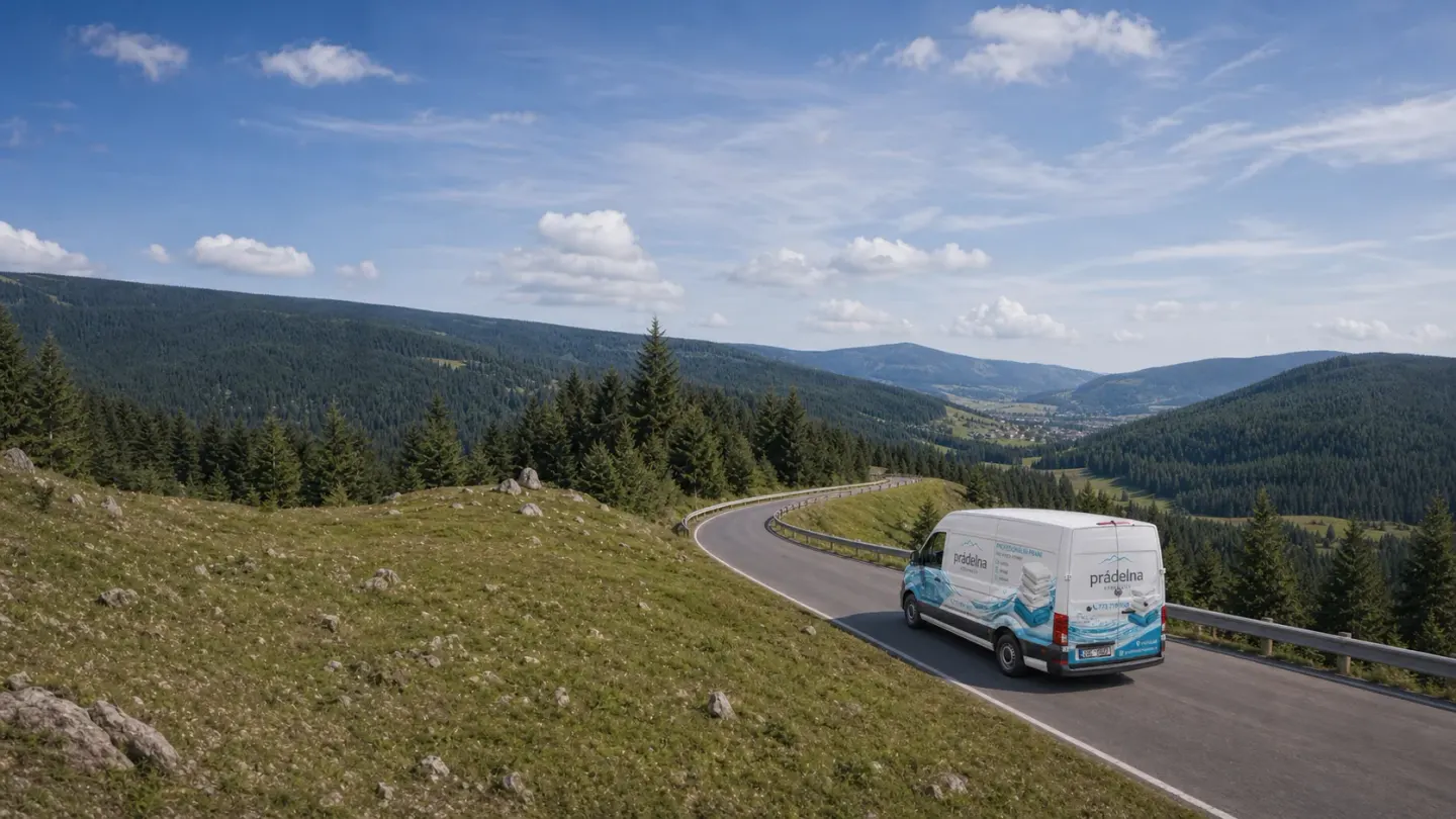 Prádelna Krkonoše delivery van driving through the Krkonoše landscape